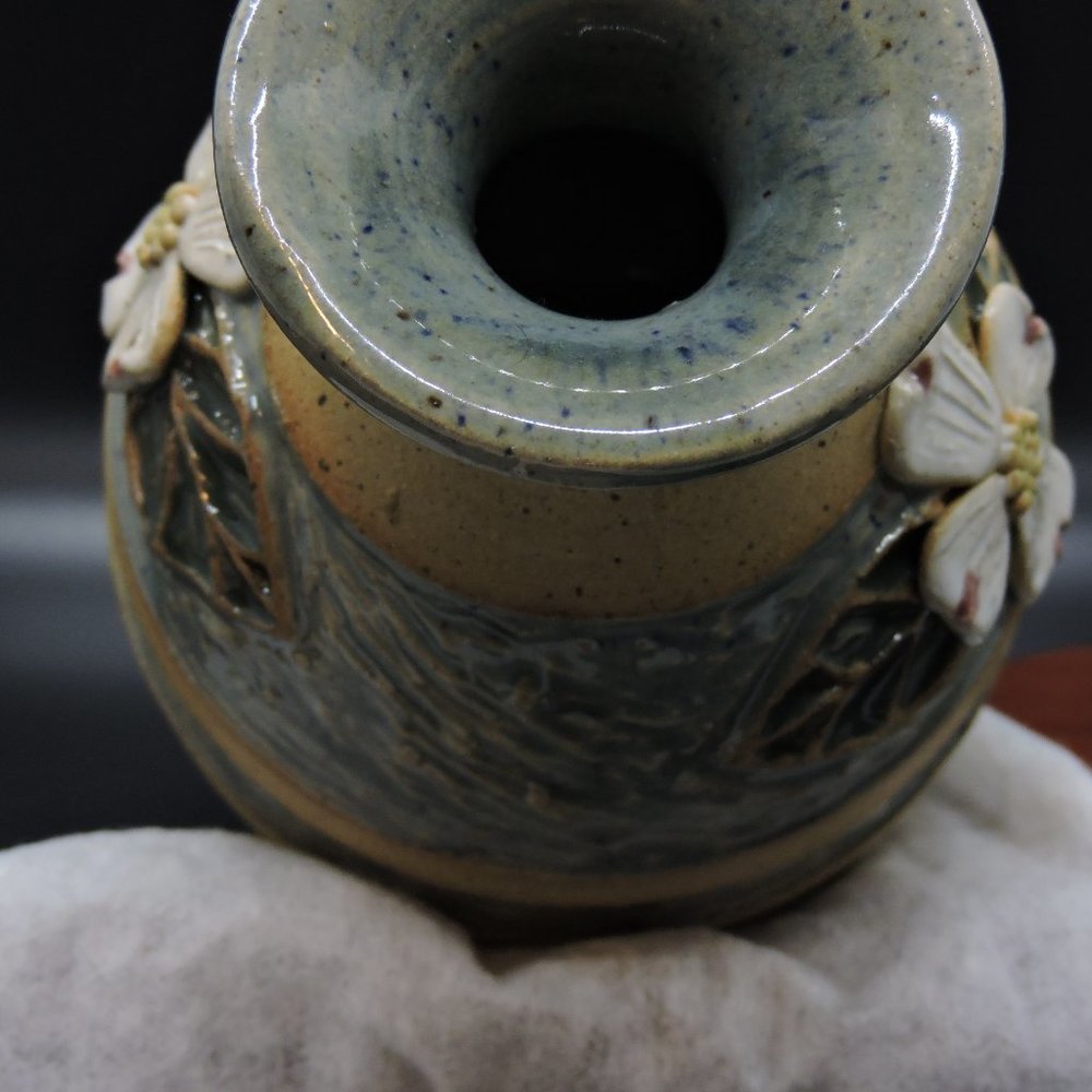 Stoneware Banded Glaze Magnolia Flower Vase Signed - Picture 10 of 15